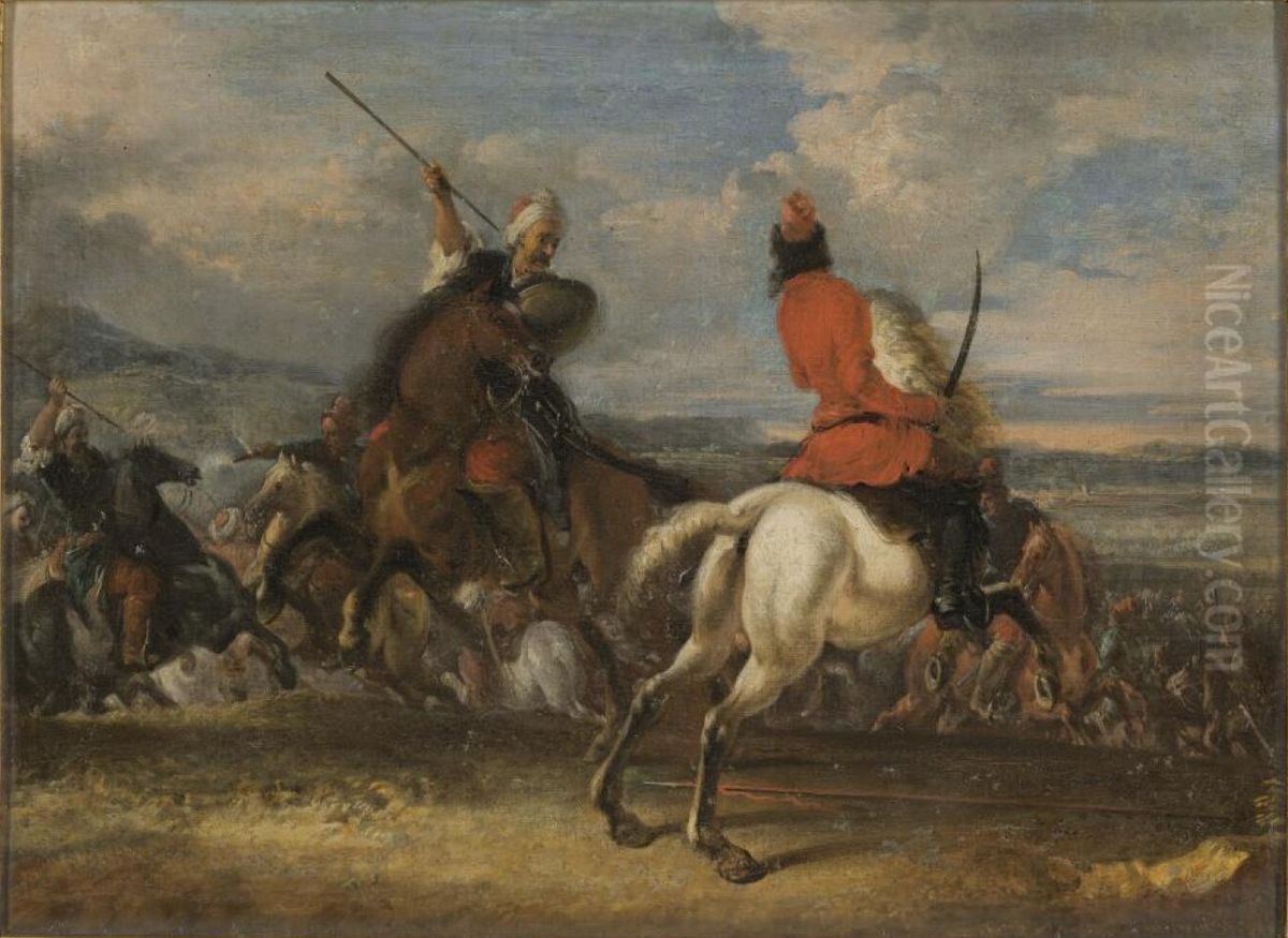 A cavalry battle between turks and christians, a turk raising his spear Oil Painting by Johann Philipp Lemke