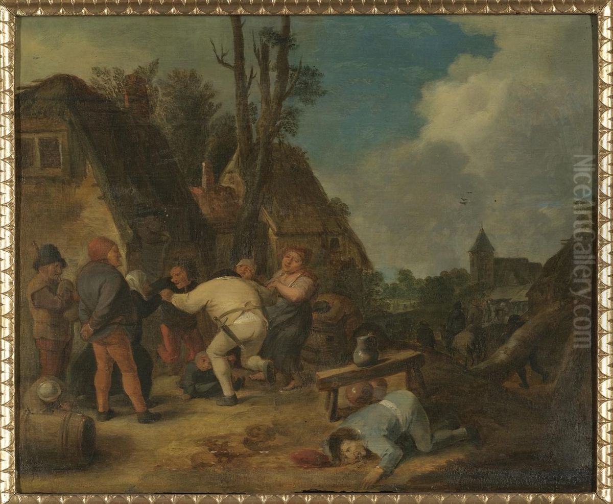 Peasants Carousing in front of an Inn Oil Painting by Adriaen Brouwer