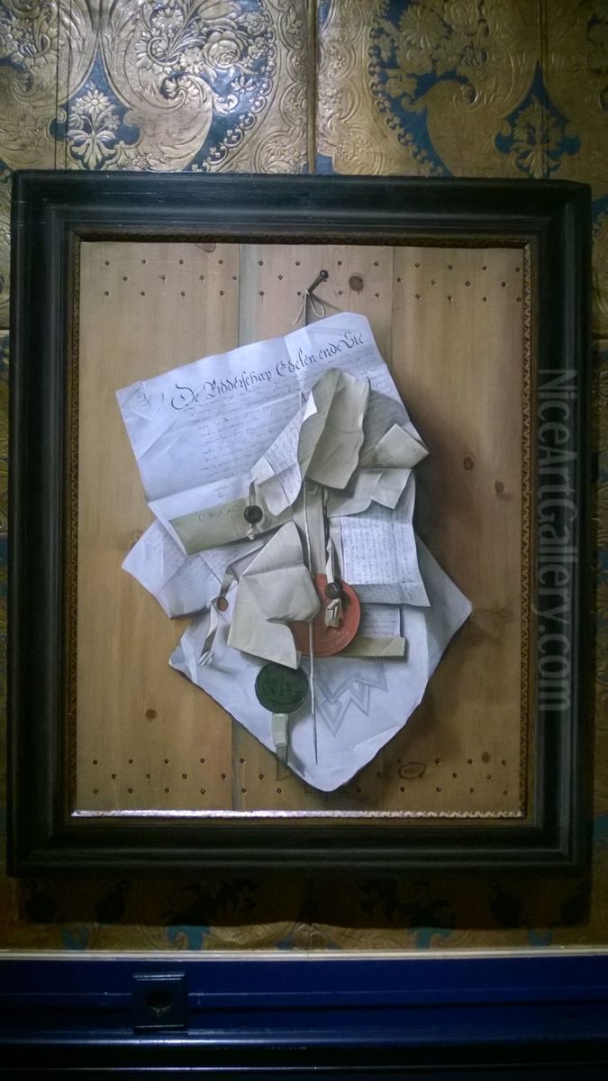 A bundle of documents suspended from a nail on a plain wooden board in a painted (trompe l'oeil) frame Oil Painting by Cornelis Brise