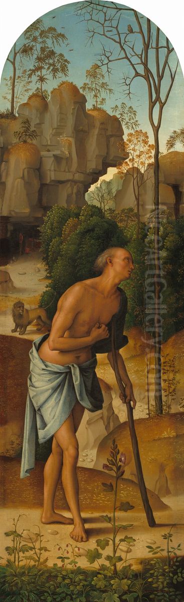 The Crucifixion with the Virgin, Saint John, Saint Jerome, and Saint Mary Magdalene [left panel] Oil Painting by Pietro Vannucci Perugino