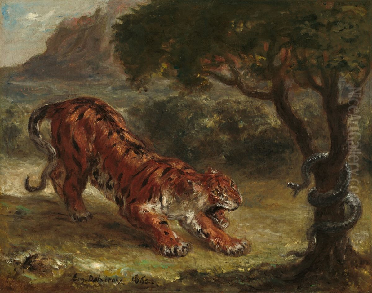 Tiger and Snake Oil Painting by Eugene Delacroix