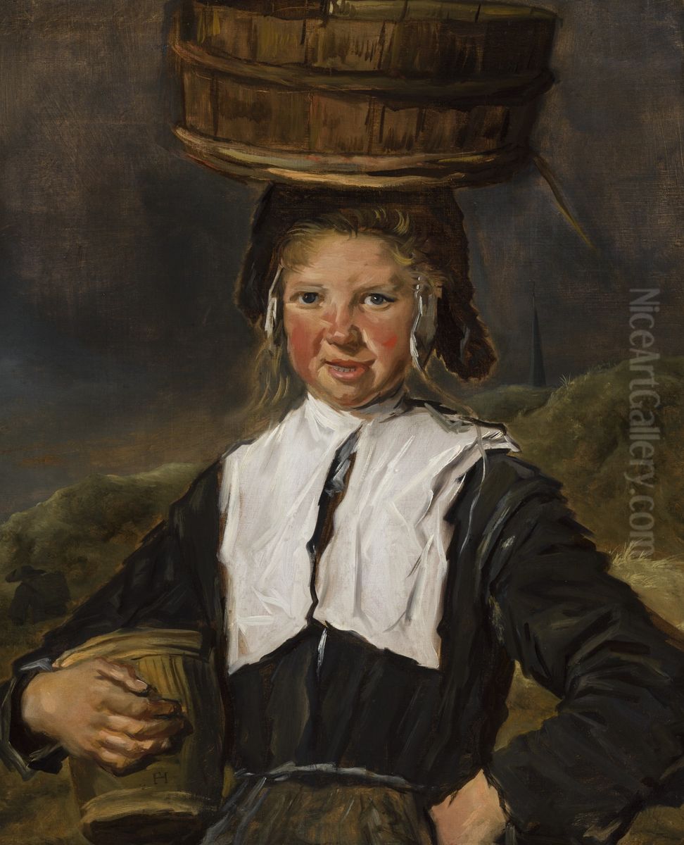 Portrait of a fisher girl with basket on her head Oil Painting by Frans Hals