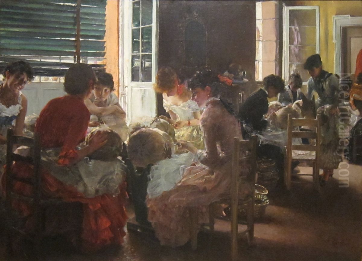 Venetian Lacemakers Oil Painting by Robert Frederick Blum