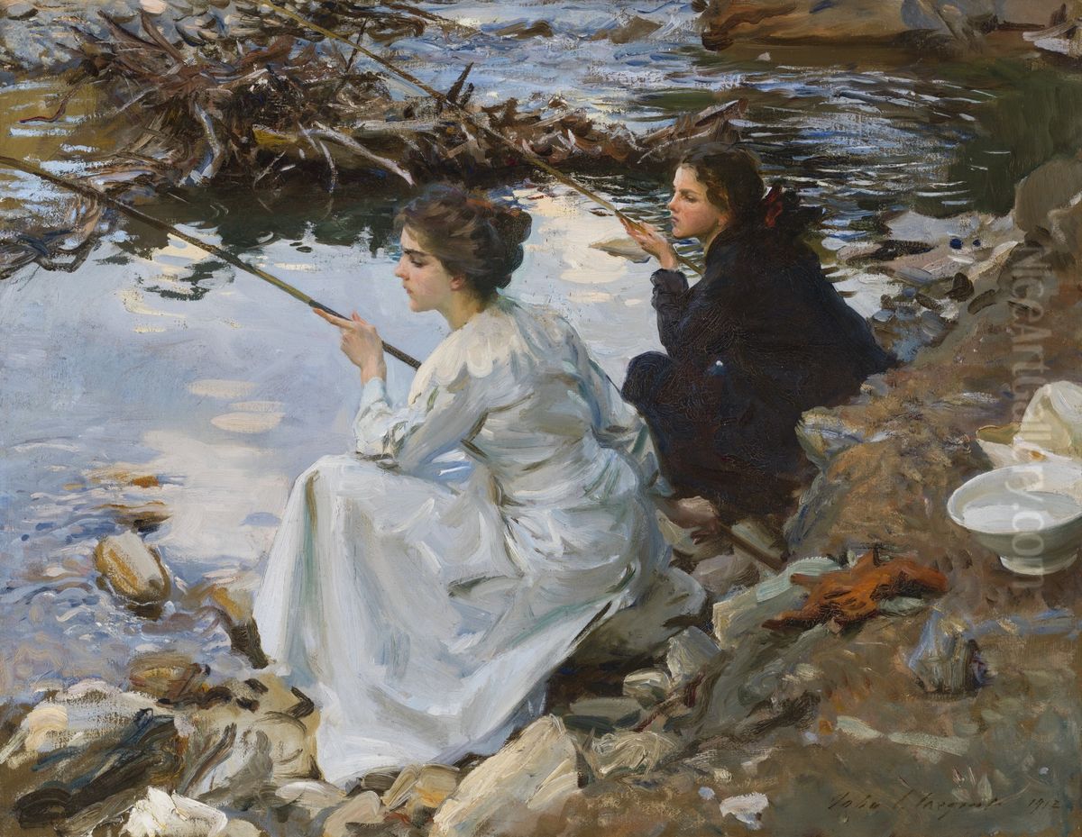Two Girls Fishing Oil Painting by John Singer Sargent