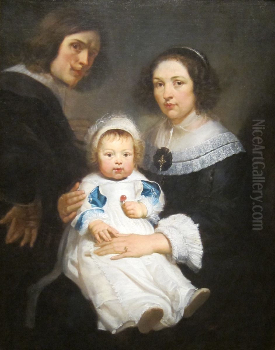 Self portrait of Erasmus Quellinus II (1607-1678) with his wife Catherine de Hemelaer and his son Jan Erasmus Quellinus (1634-1715) Oil Painting by Erasmus Quellinus II