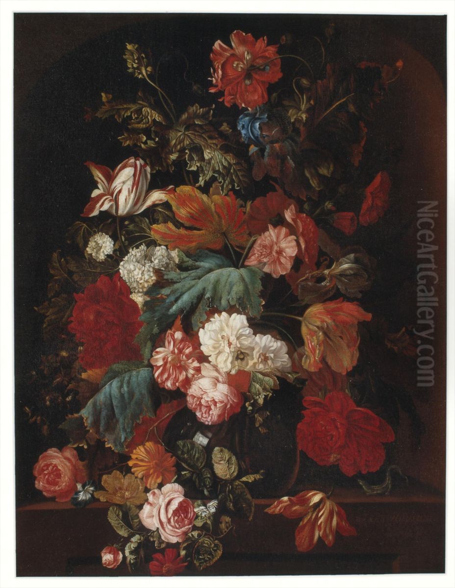 Bloemen in een glazen vaas op een stenen plint Oil Painting by Ernst Stuven