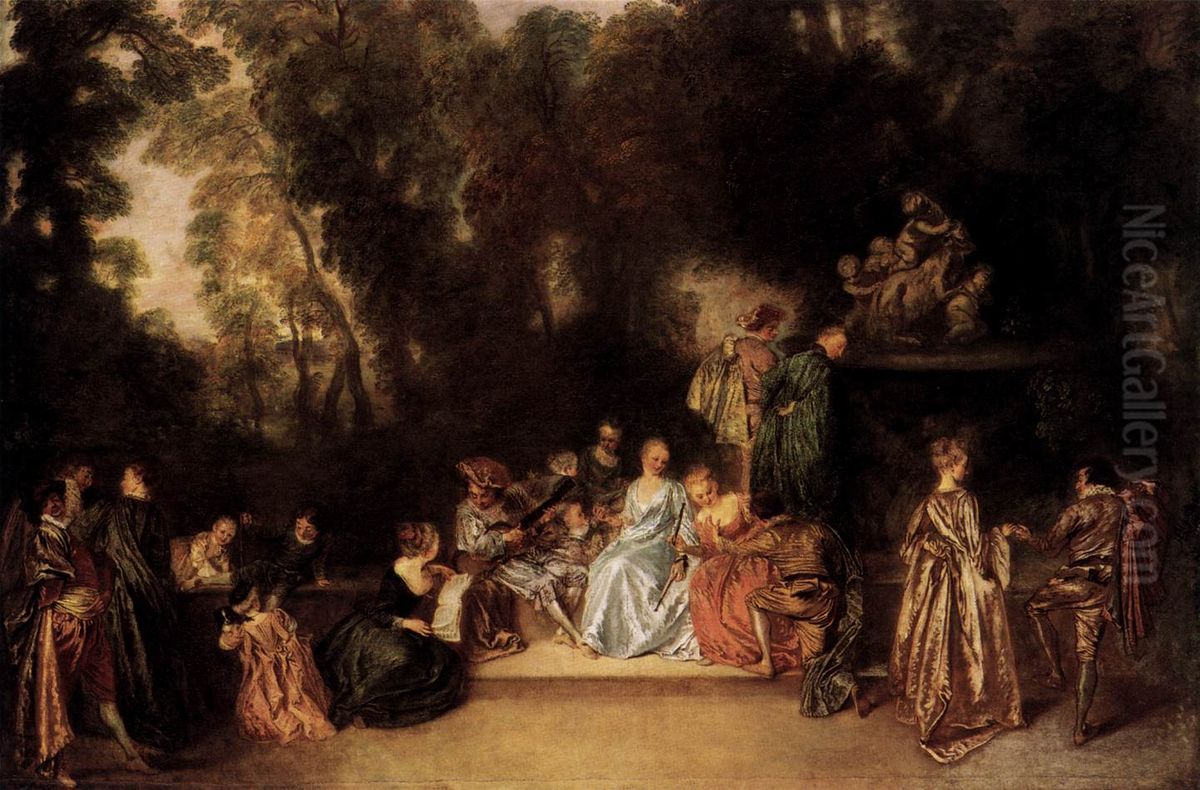 Gesellschaft im Freien Oil Painting by Jean-Antoine Watteau