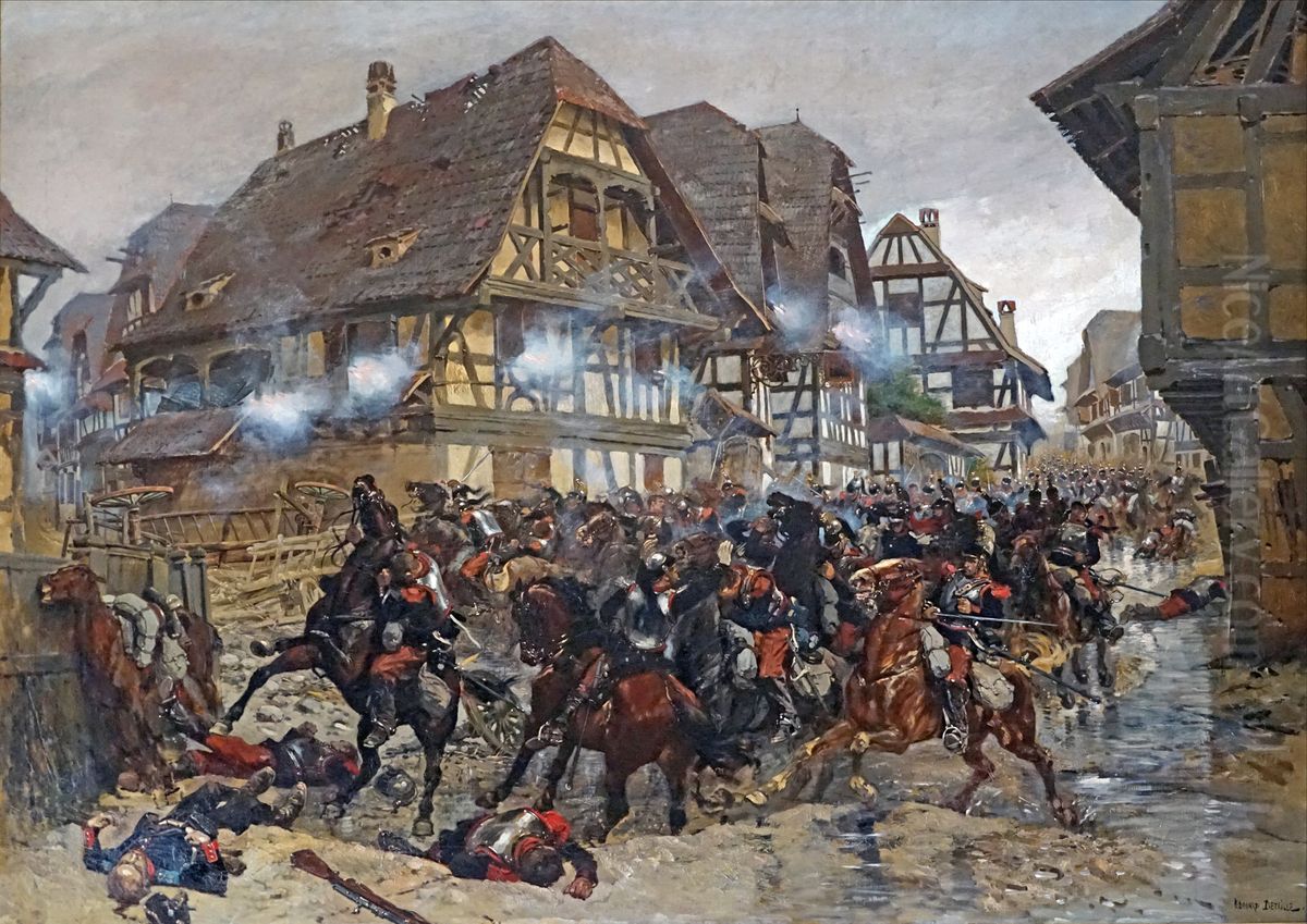 La charge du 9eme regiment de cuirassiers dans le village de Morsbronn Oil Painting by Edouard Detaille