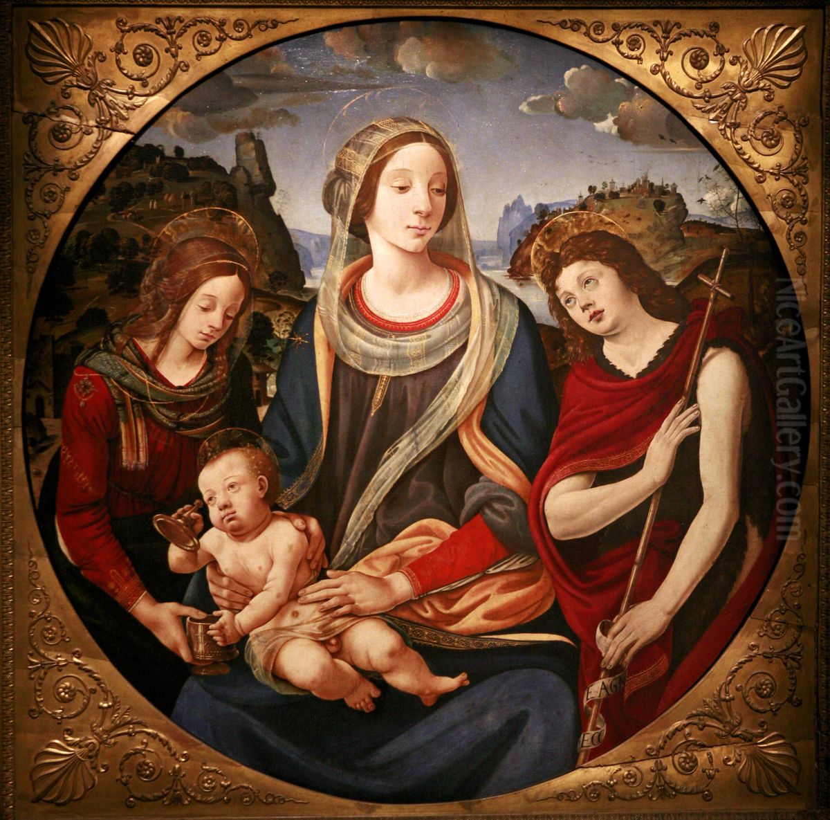 Virgin and child between John the Baptist and Saint Magdalena Oil Painting by Piero Di Cosimo