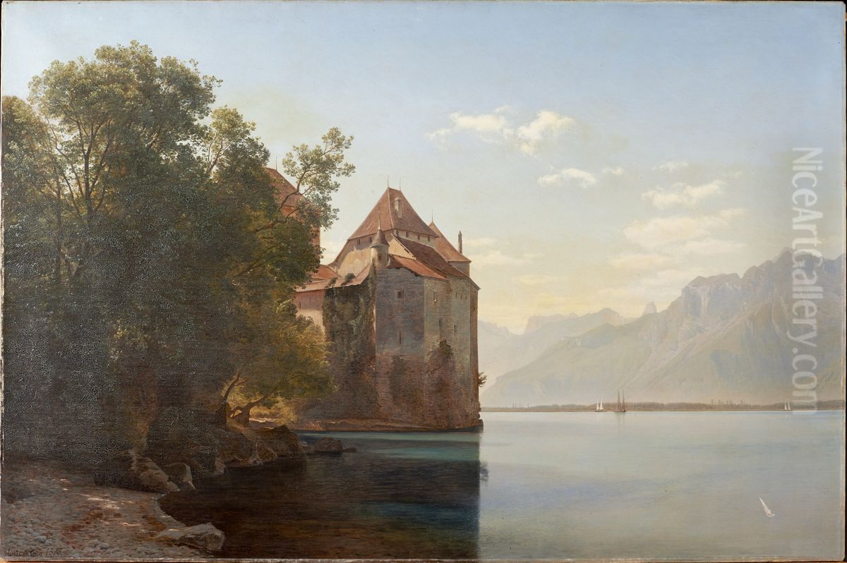 Castle by Lake Geneva Oil Painting by Janus Andreas Bartholin La Cour