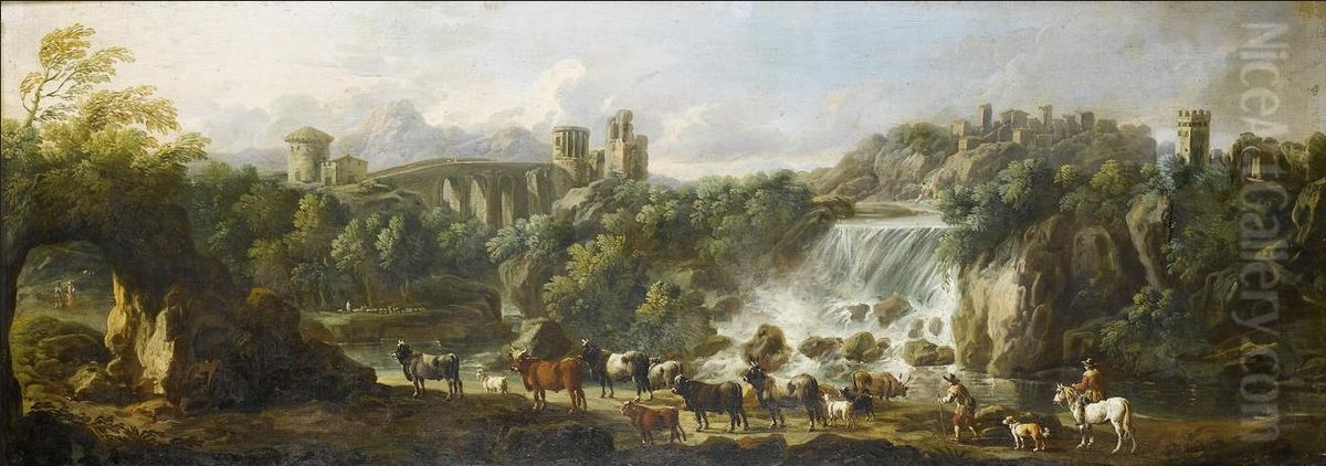 Landscape with Tivoli waterfall and rocky crag in the shape of a rabbit with cows Oil Painting by Cajetan Roos