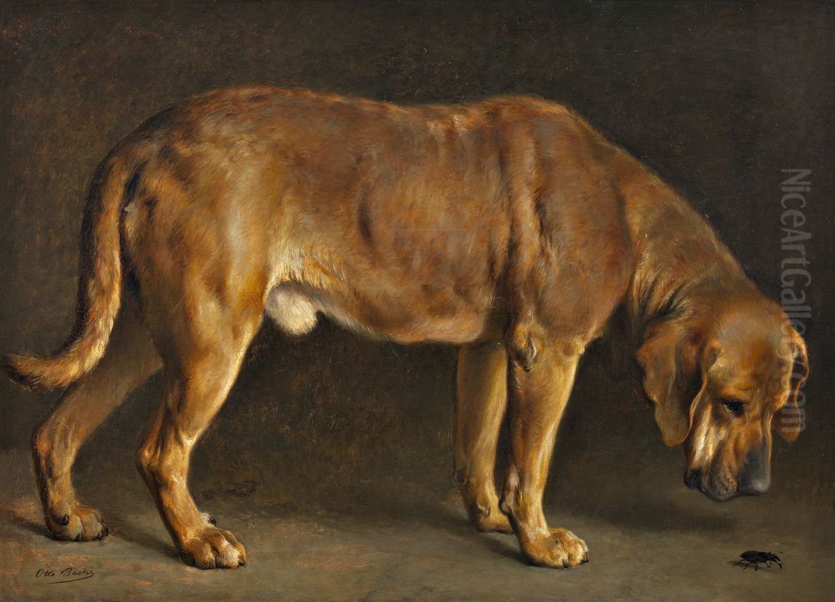 A Broholmer dog looking at a stag beetle Oil Painting by Otto Bache