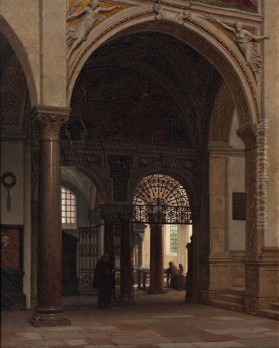The interior of the church of Santa Maria Sopra Minerva in Rome Oil Painting by Heinrich Hansen
