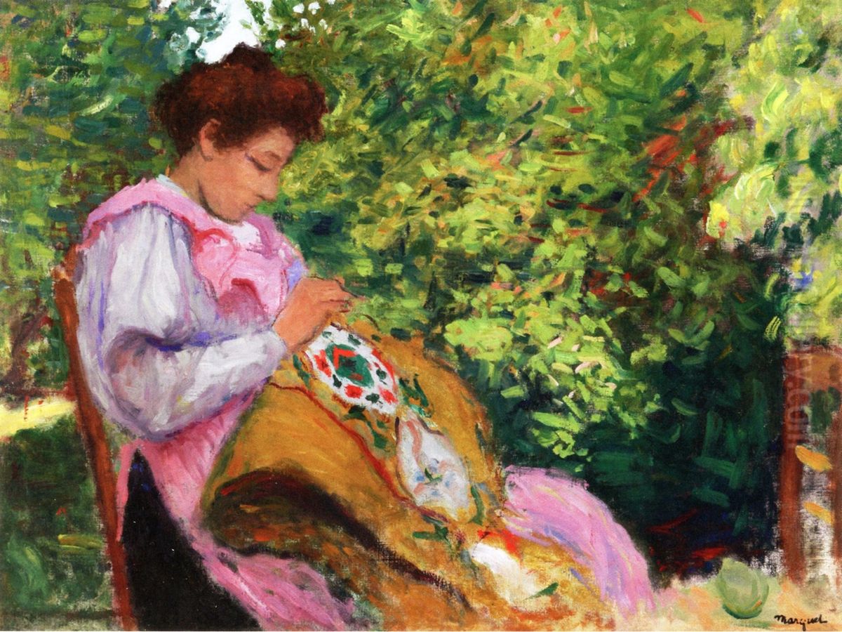 Girl Embroidering, Seated in a Garden Oil Painting by Albert Marquet