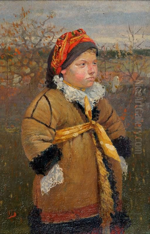 Little girl in fur coat Oil Painting by Joza Uprka