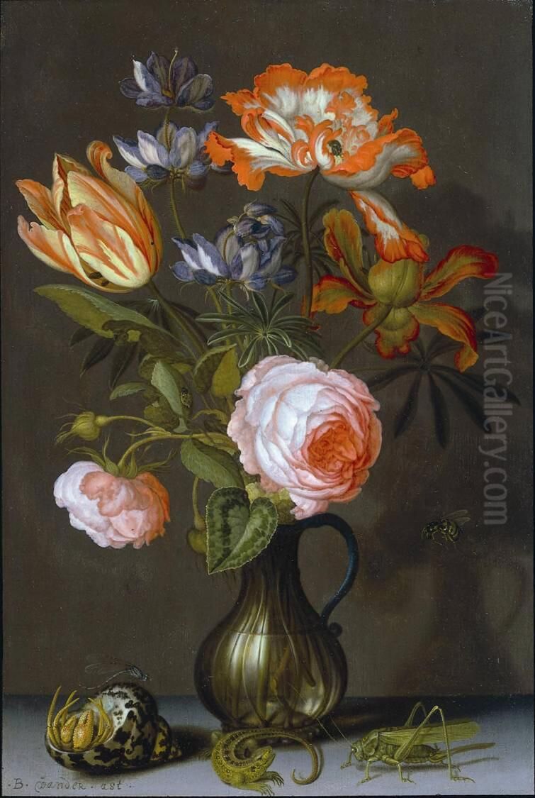 Bloemen in een glazen karaf, met een heremietkreeft, een hagedis en een sprinkhaan Oil Painting by Balthasar Van Der Ast