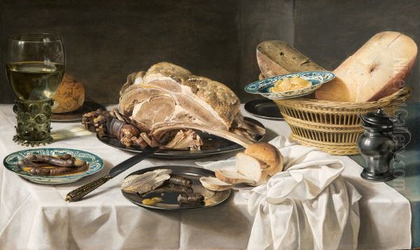 Stilleven met Kasseler rib, worstjes, oude kaas, brood tinnen tafelgoed en groot wijnglas Oil Painting by Pieter Claesz