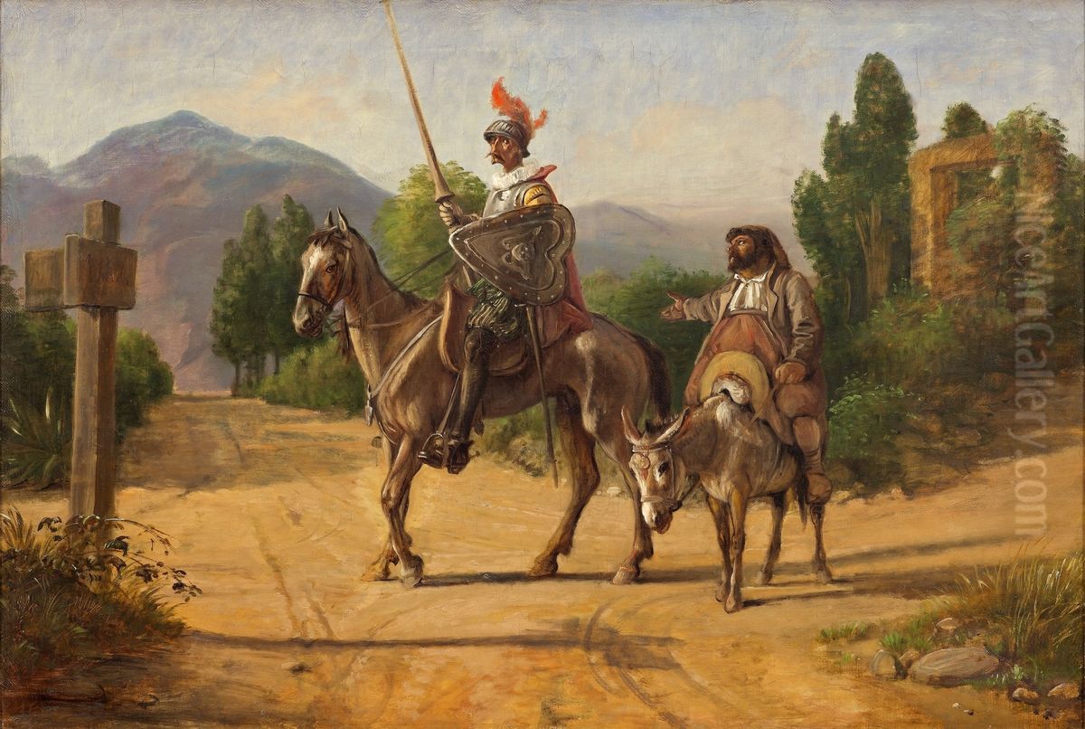 Don Quixote and Sancho Panza at a crossroad Oil Painting by Wilhelm Marstrand