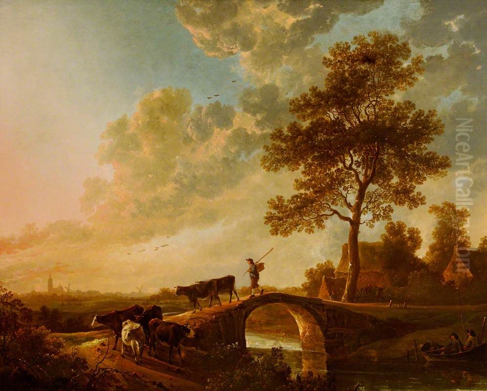 A Herdsman Driving Cattle over a Bridge Oil Painting by Aelbert Cuyp