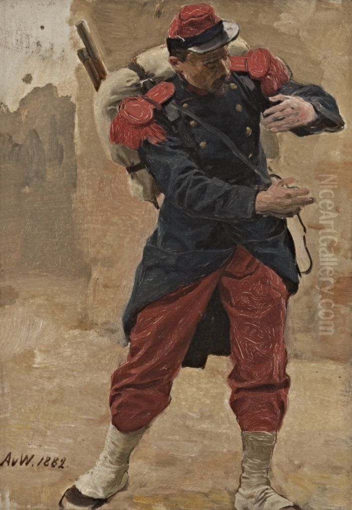Franzosischer Infanterist mit Marschgepack (Soldat in voller Montur). Studie zu Kriegsgefangen Oil Painting by Anton von Werner