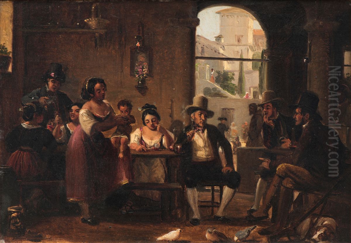 From a Roman Osteria. Pipe-Smoking Hunters and Italian Women Oil Painting by Wilhelm Marstrand