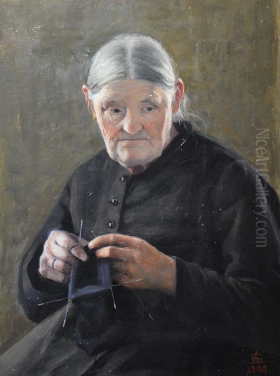 Stickande gumma Oil Painting by Anna Sahlsten