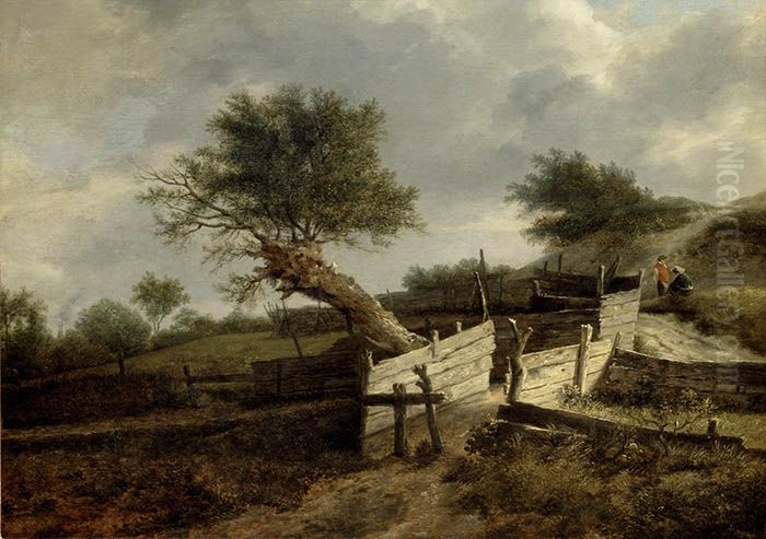 Landscape with Wooden Fence Oil Painting by Jacob Van Ruisdael