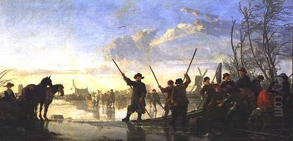 Fishing under the Ice near Dordrecht Oil Painting by Aelbert Cuyp