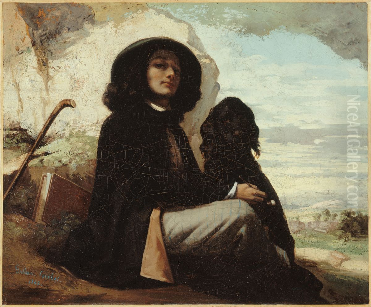 Autoportrait dit Courbet au chien noir Oil Painting by Gustave Courbet