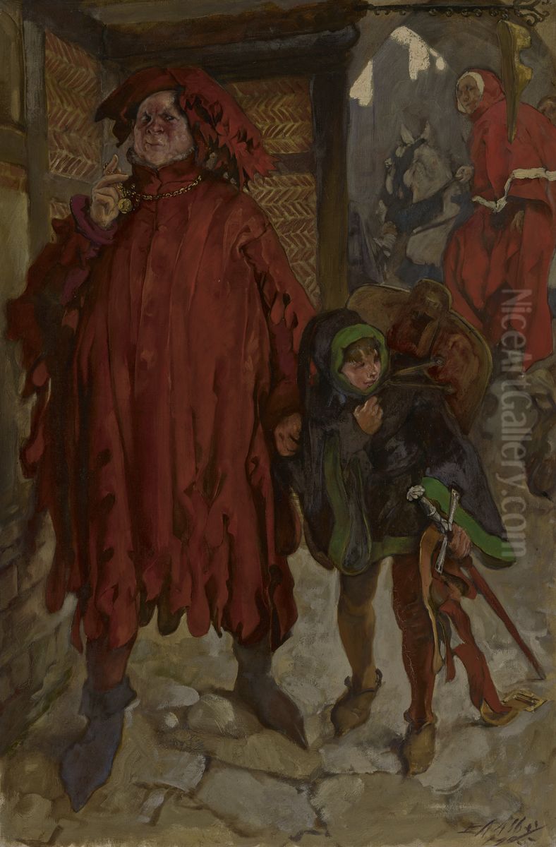 Sir John Falstaff with His Page  (Act I, Scene ii) Oil Painting by Edwin Austin Abbey