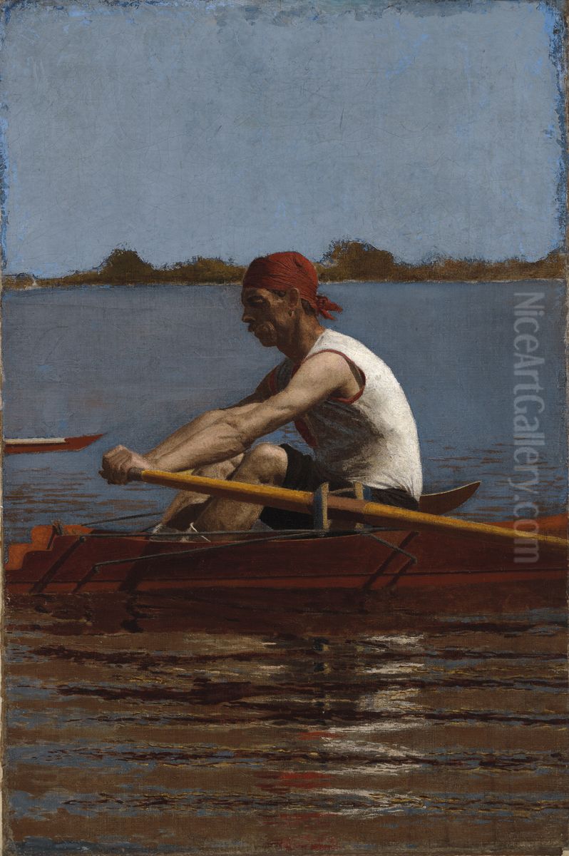 John Biglin in a Single Scull Oil Painting by Thomas Cowperthwait Eakins