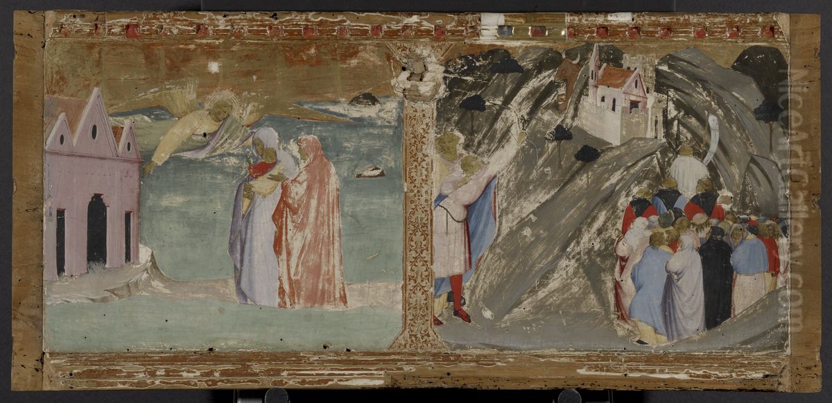 Saint Michael Archangel Makes the Sea Withdraw to Leave a Passage for a Woman who Gave Birth on a Pilgrimage to Tumba, and Saint Michael Archangel and the Bull of Monte Gargano Oil Painting by Fra Angelico