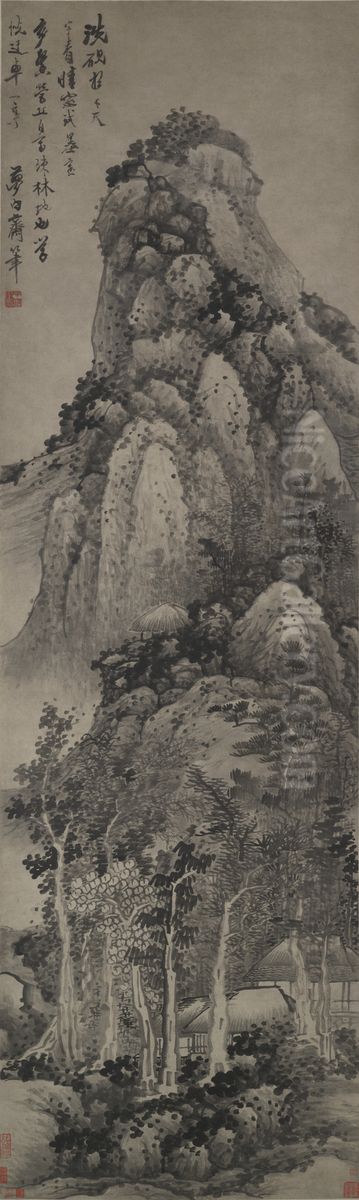 A Lofty Pavilion Oil Painting by Gong Xian