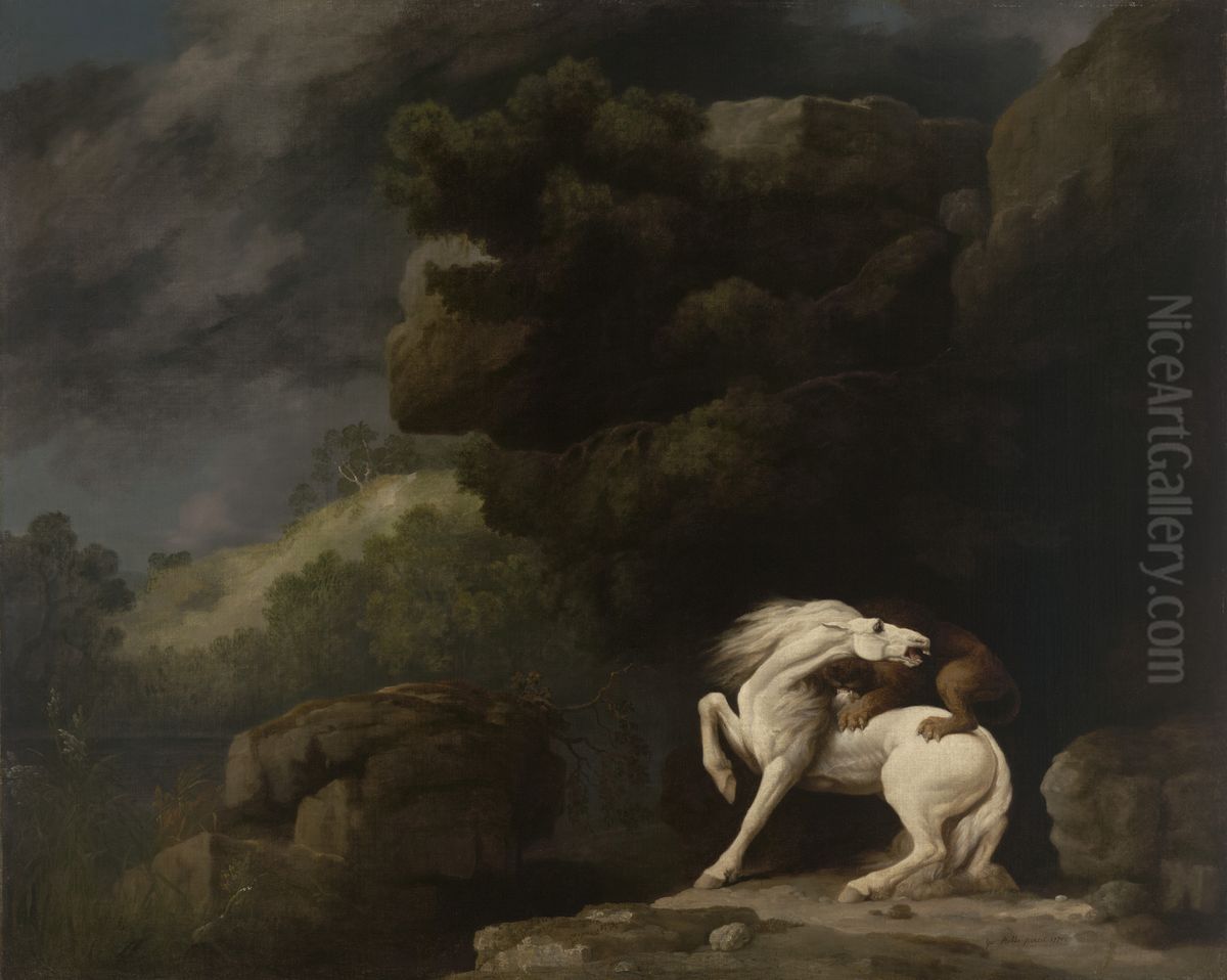 A Lion Attacking a Horse Oil Painting by George Stubbs