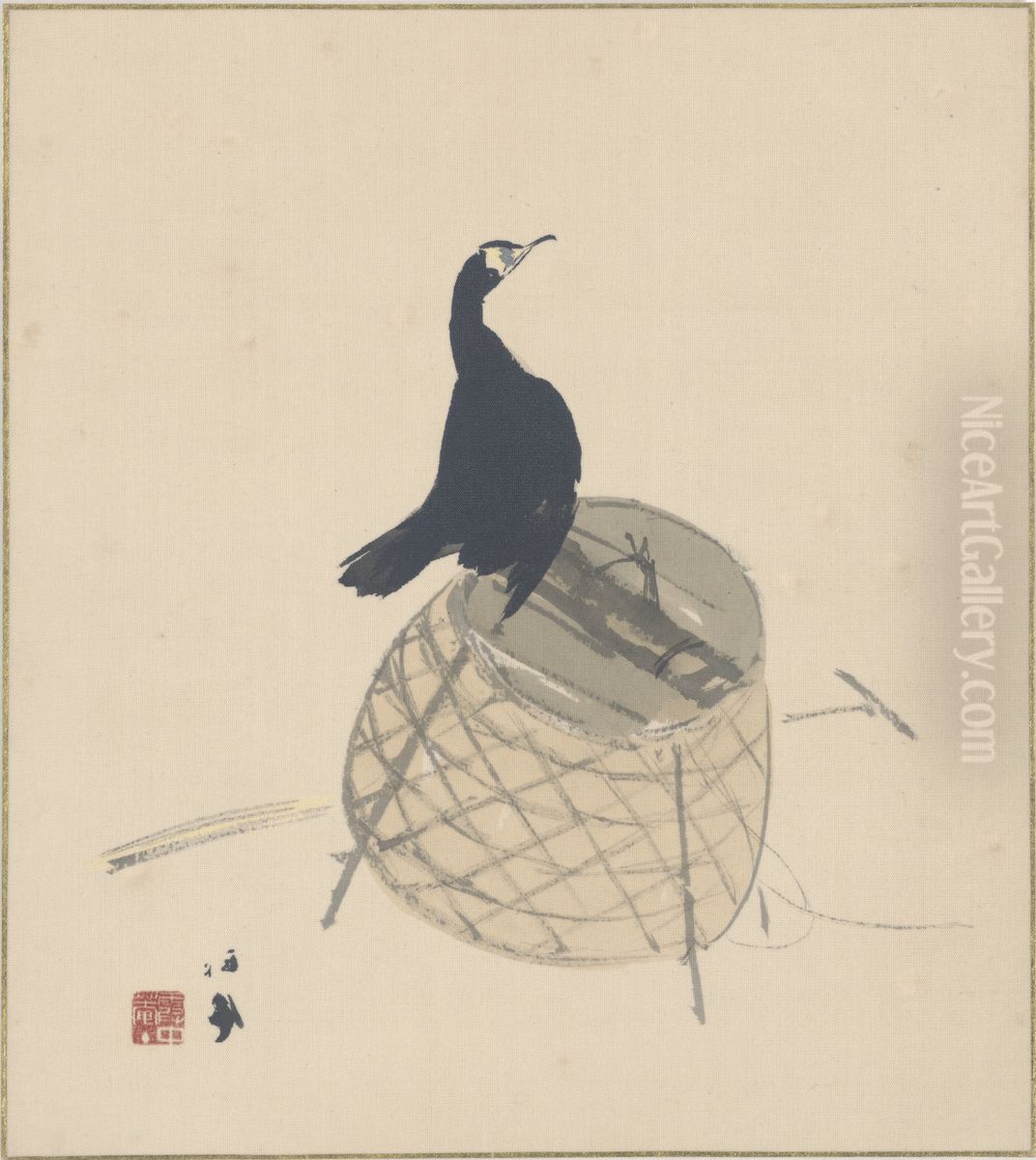 Cormorant on a Basket Oil Painting by Takeuchi Seiho