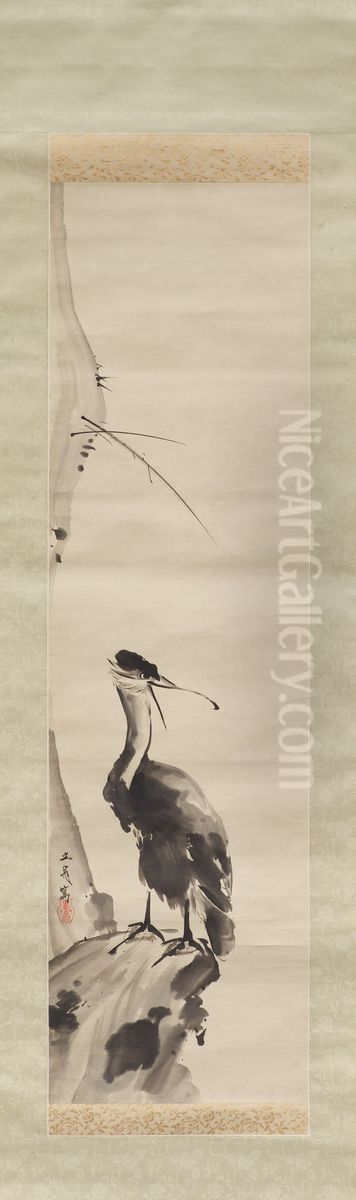 Cormorant in the style of Miyamoto Musashi Oil Painting by Tani Buncho