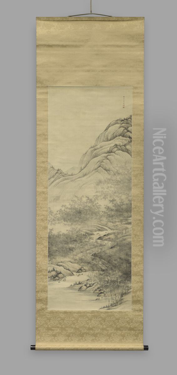 Deep and Quiet Bamboo Grove by a Ravine Oil Painting by Tsubaki Chinzan