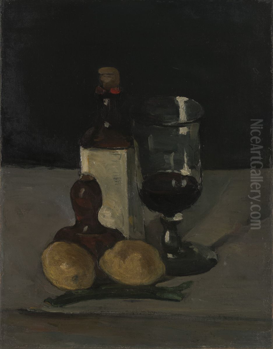 Bouteille, verre et citrons Oil Painting by Paul Cezanne