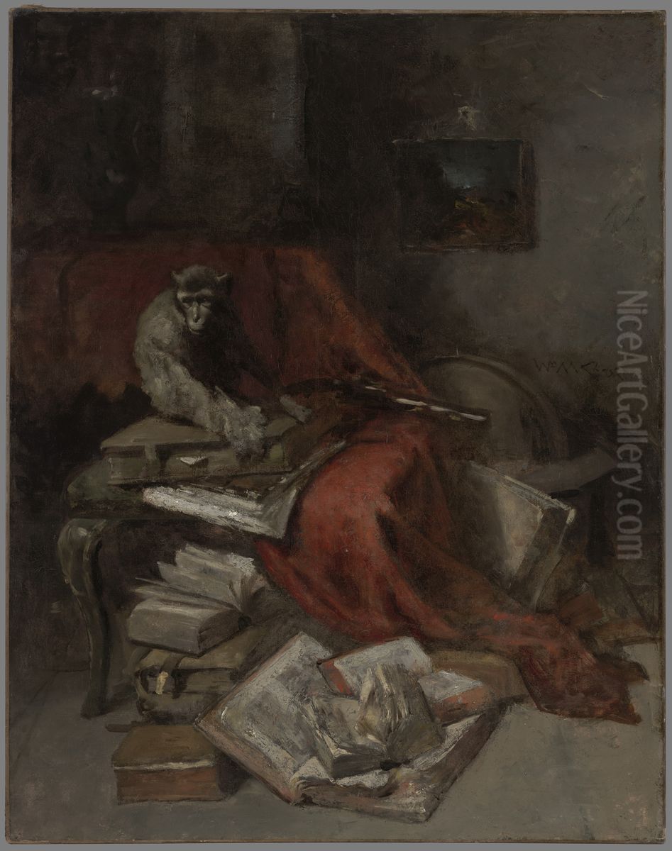 Monkeying with Literature Oil Painting by William Merritt Chase