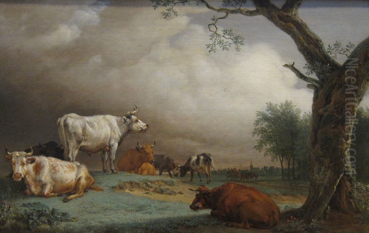 Weidelandschap met vee; op de achtergrond een boerenkar Oil Painting by Paulus Potter