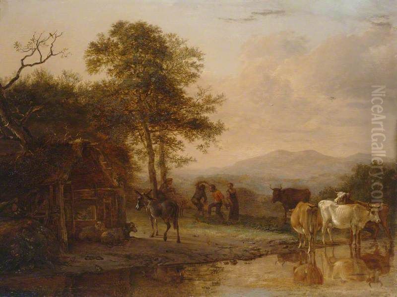 Evening Landscape with Cattle and Peasants Dancing to the Sound of a Pipe Oil Painting by Paulus Potter