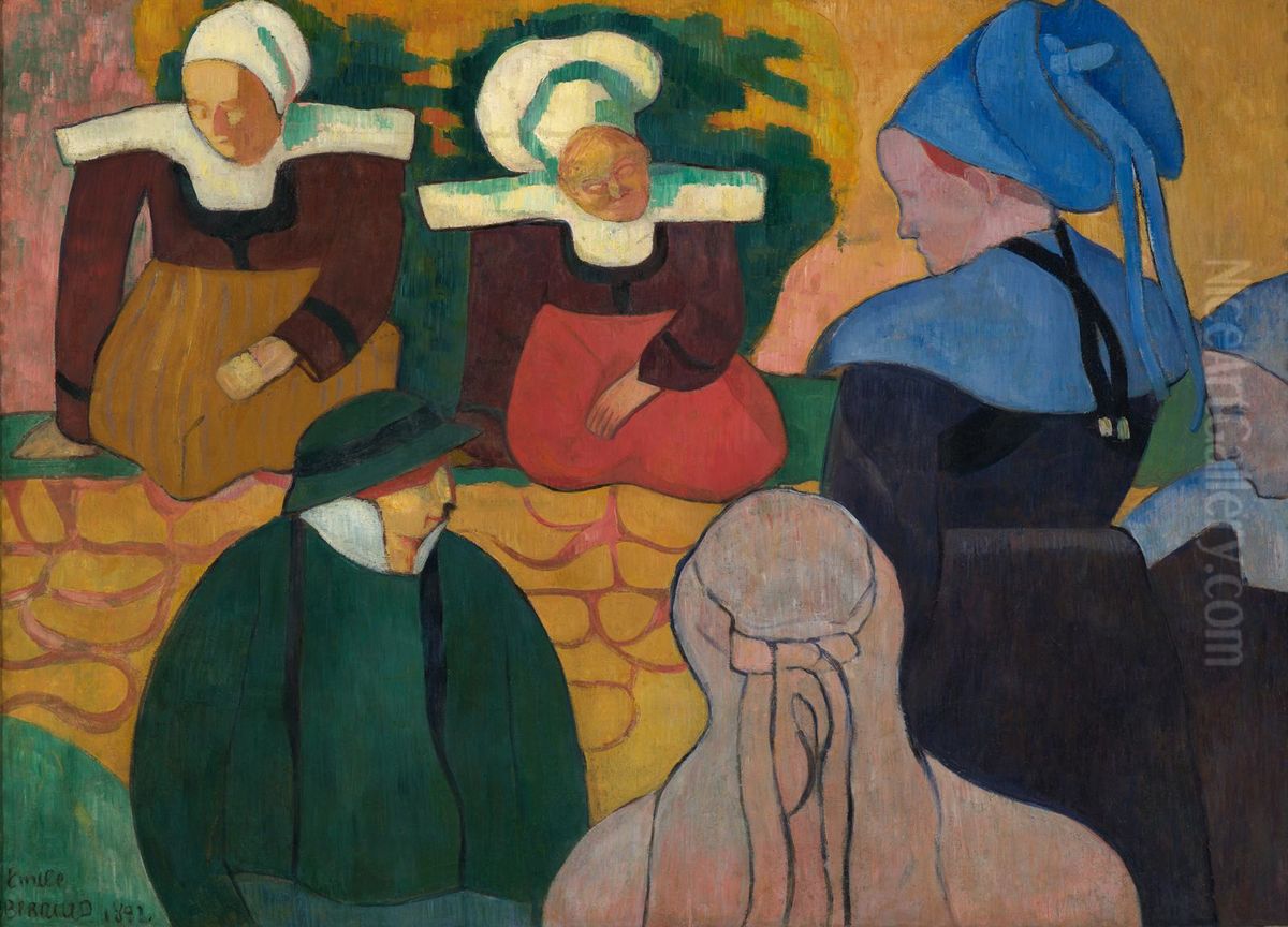 Breton Women at a Wall Oil Painting by Emile Bernard