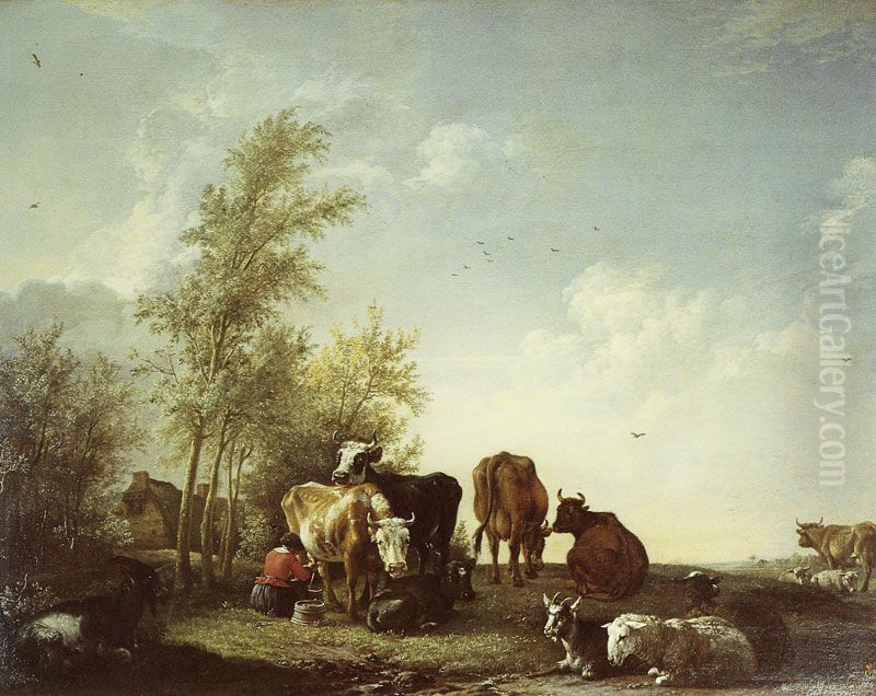 Landscape with Cattle and a Milkmaid Oil Painting by Paulus Potter