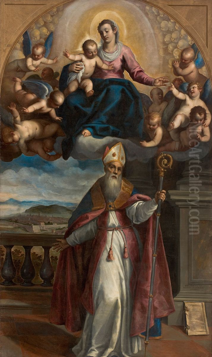 Aparicao da Virgem com o Menino a santo Ubaldo, bispo de Gubbio, que indica ao fundo a cidade de Pesaro Oil Painting by Palma il Giovane