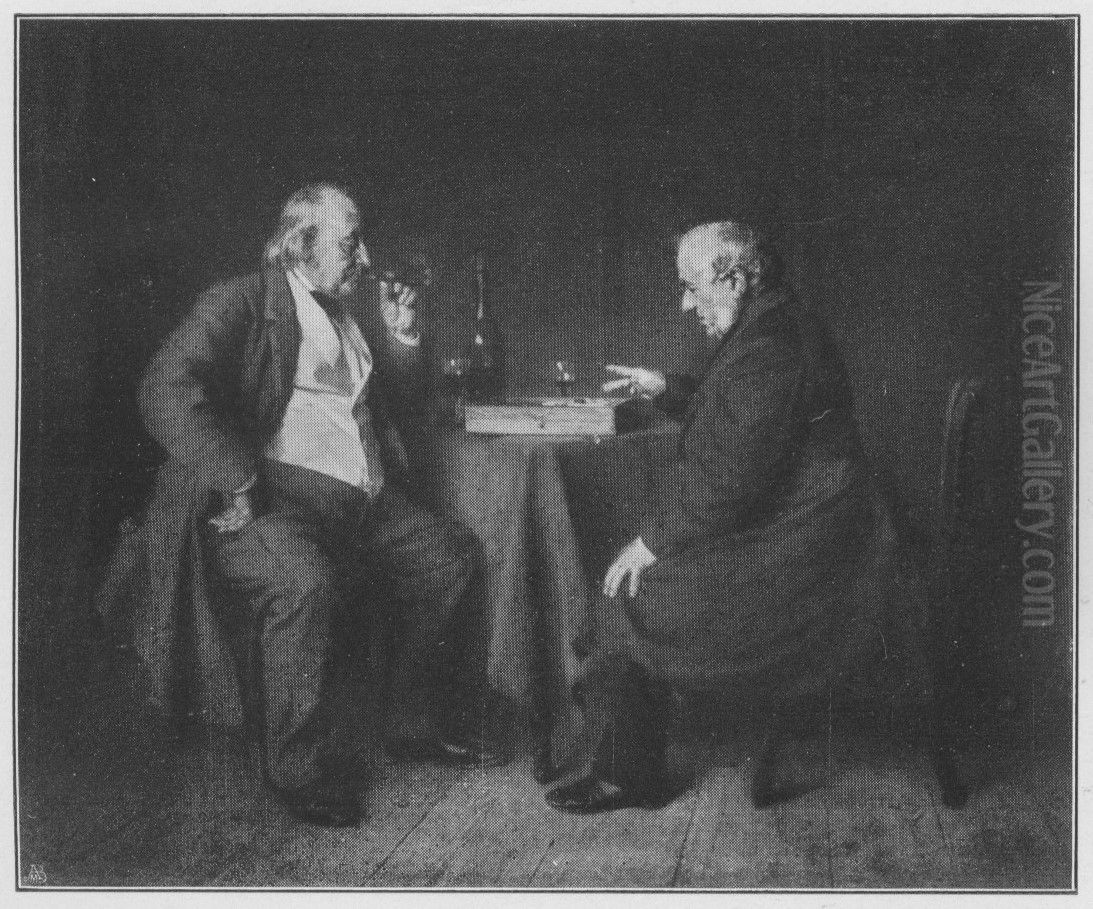 Damebrettspiel / Die Damebrettspieler (Vater und Schwiegervater des Kunstlers) Oil Painting by Ludwig Knaus