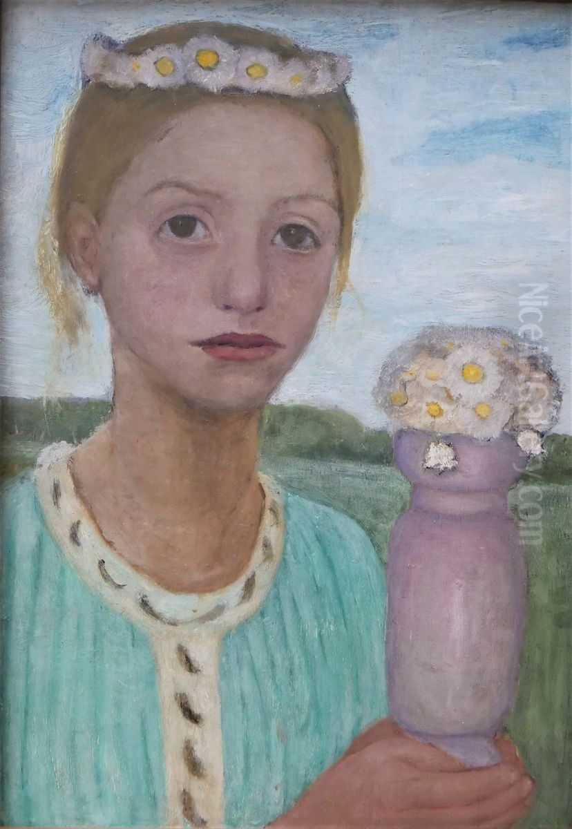 Girl with flower wreath Oil Painting by Paula Modersohn-Becker