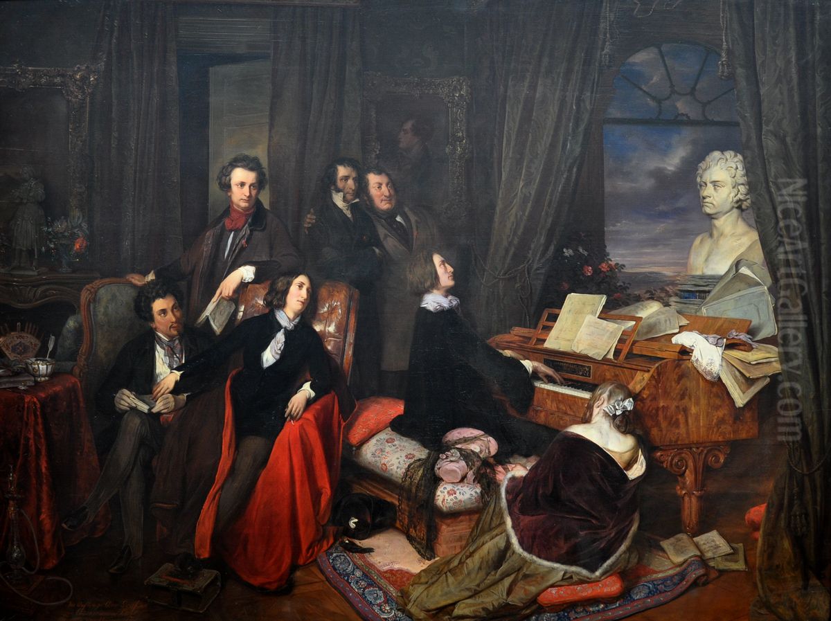 Franz Liszt am Flugel phantasierend Oil Painting by Josef Franz Danhauser