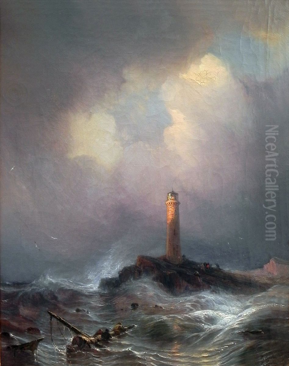 Leuchtturm an der Bretonischen Kuste Oil Painting by Theodore Gudin