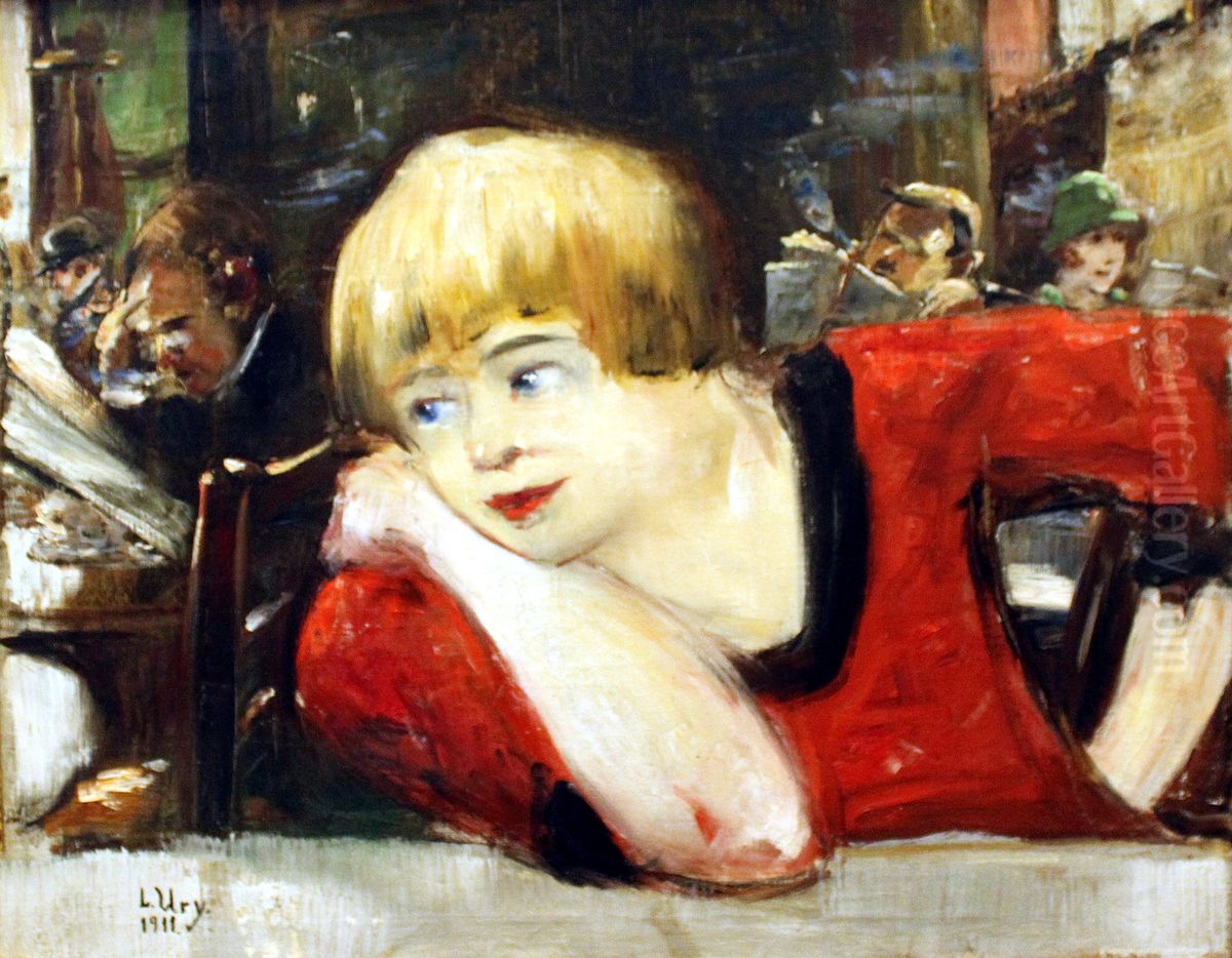 In the cafe - Woman in red Oil Painting by Lesser Ury