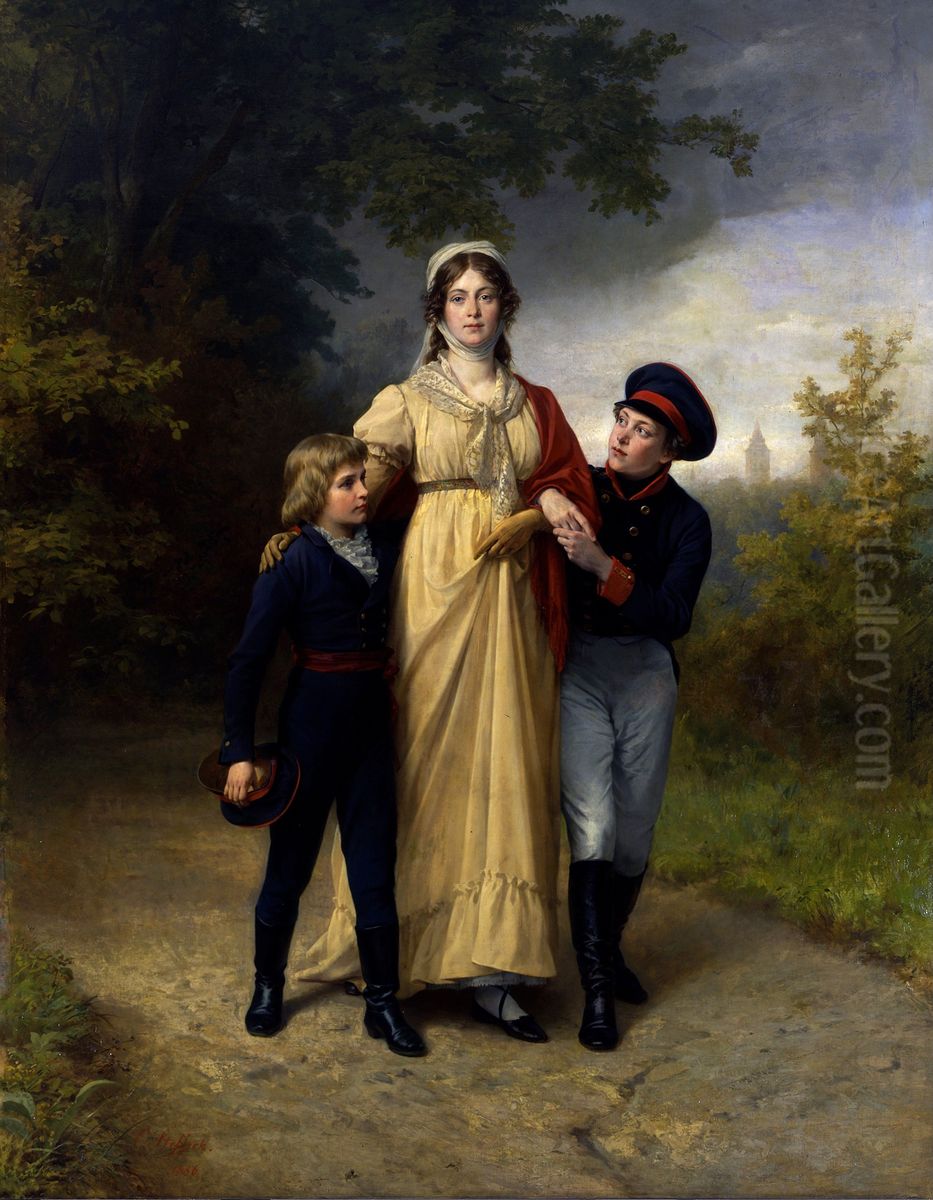 Konigin Luise mit ihren Sohnen im Park von Luisenwahl Oil Painting by Carl Steffeck